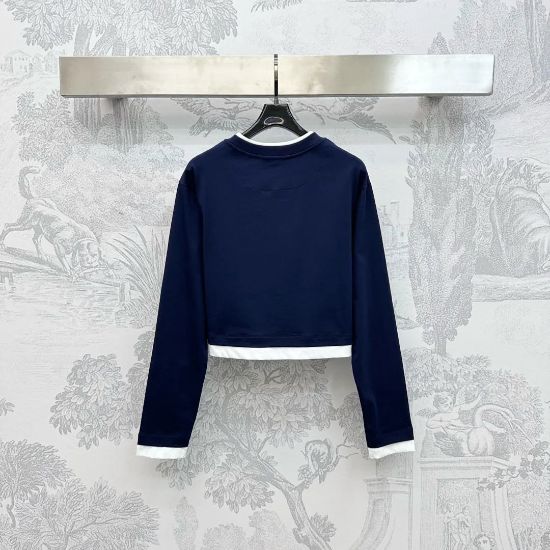 Women Long Wleeve T-shirt New Stitching Color Collision Fashion All-match Casual Crew Neck Fake Two T-shirts 2025