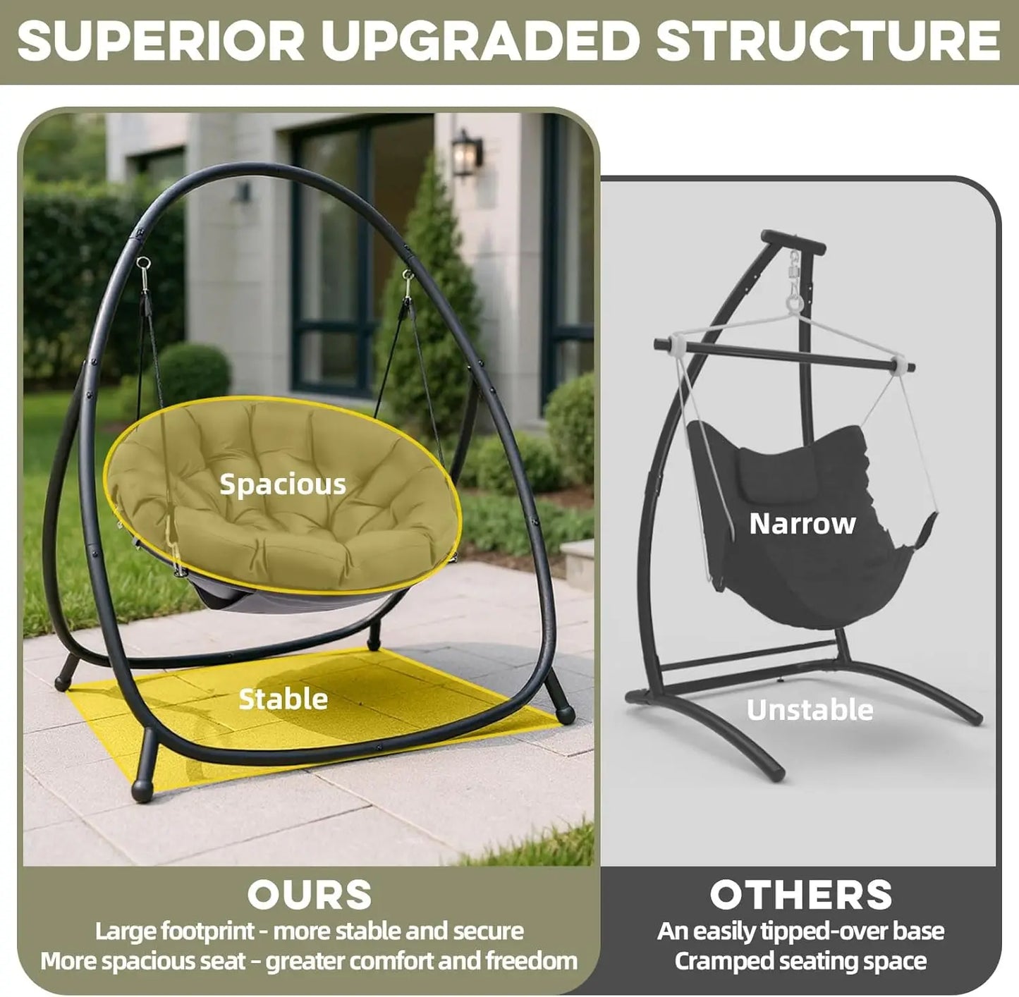 Hammock Hanging Swing Chair with Padded Cushion Stand for Outdoor Bedroom Patio Balcony