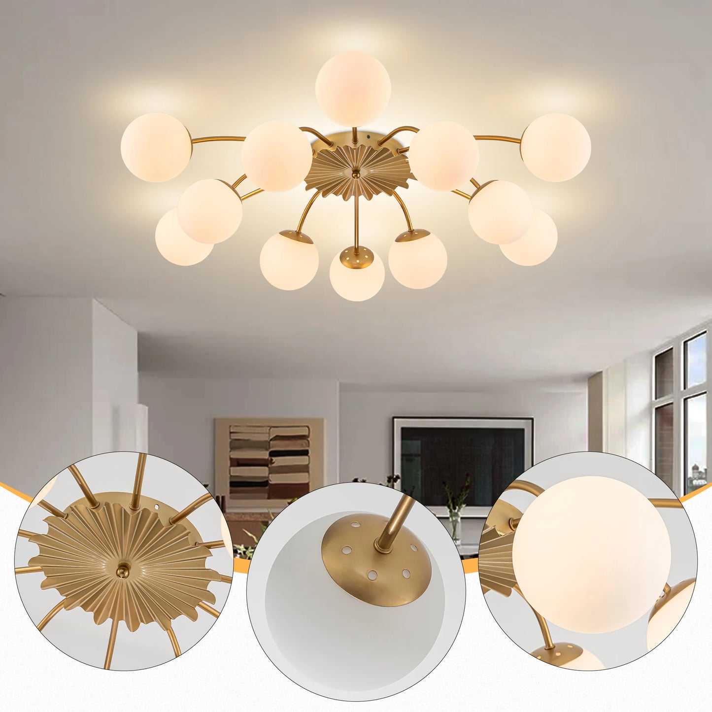 LONGREE 12-light Gold Finish Semiflush Mount Ceiling Light, Milk Opal Glass Bubble, Modern Ceiling Light Fixture