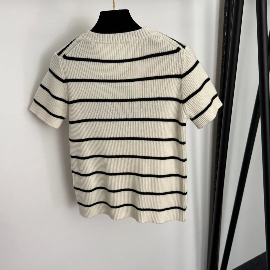 25 Autumn new letter striped short-sleeved wool knitted sweater women's trendy casual top