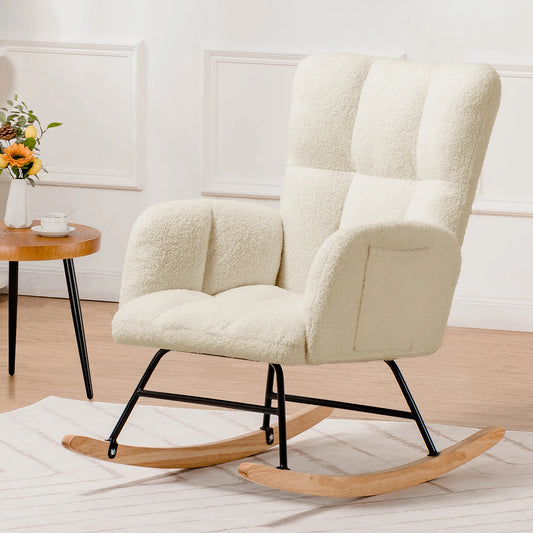 Nursery Rocking Chair, Teddy Glider with Side Pockets, High Back Chair for Adults, Bedroom & Living Room