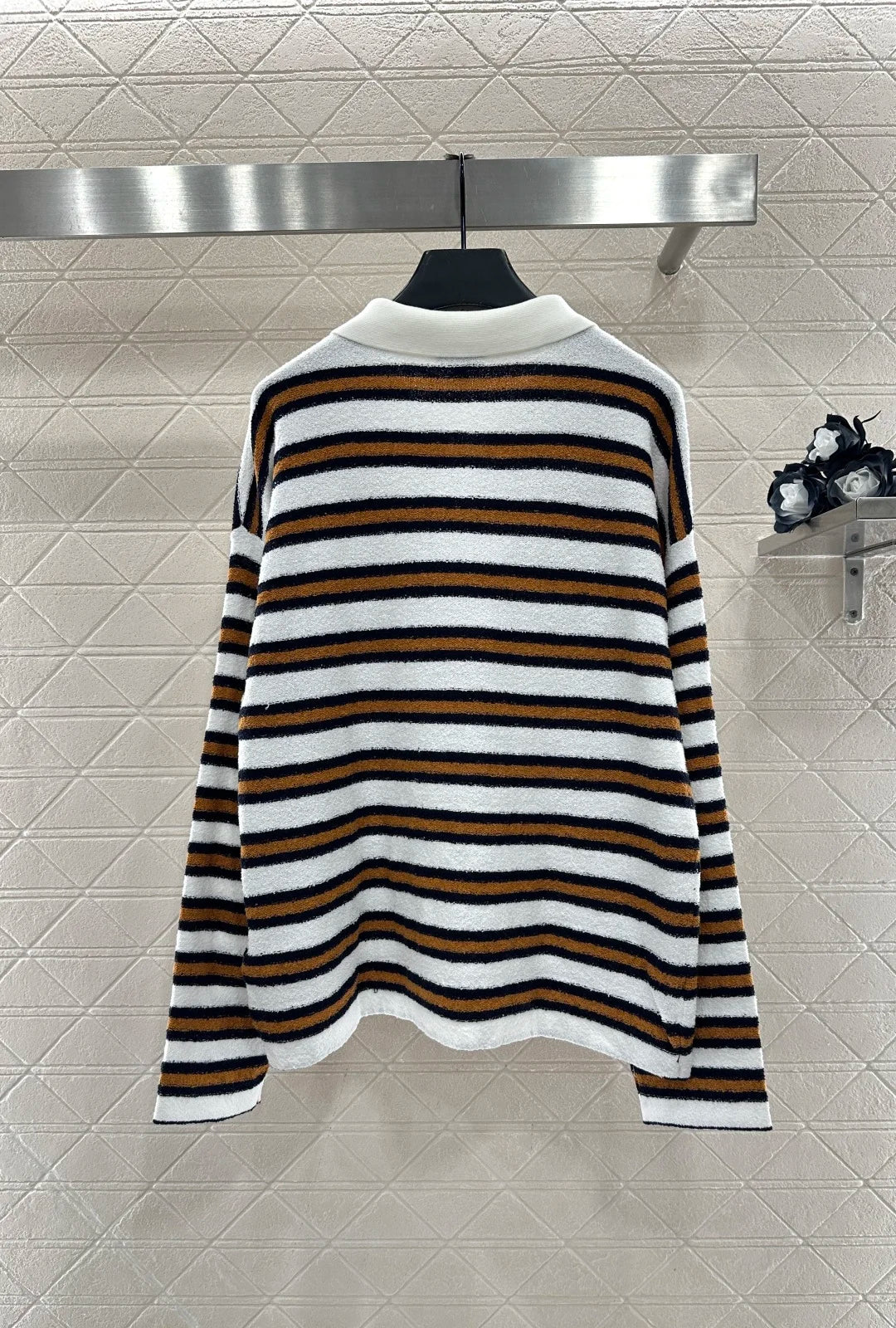 2025 Autumn/Winter Fashion New Women's Cotton Knit Color Block Striped Polo Collar Long Sleeve Wool Yarn T-Shirt