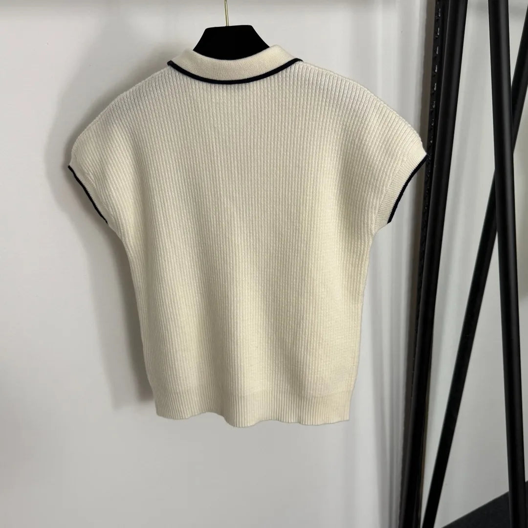 25th New Style Bowknot Embroidered Letter Collar Short-Sleeved Wool Knitted Shirt for Women T-Shirt