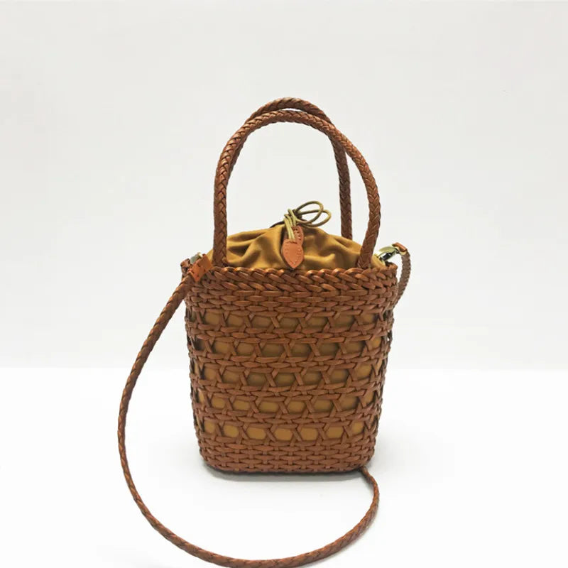 Women's bag new 2025 messenger shoulder bag Cowhide hollow woven bag summer bucket Casual Inner Fabric Shopping Bag