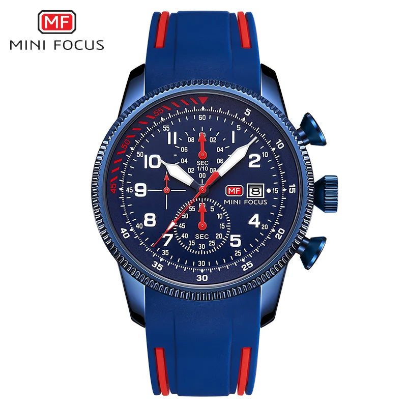 MINI FOCUS Military Sport Quartz Watch for Men Blue Silicone Strap Chronograph Luminous Wristwatch with Date Waterproof 0379