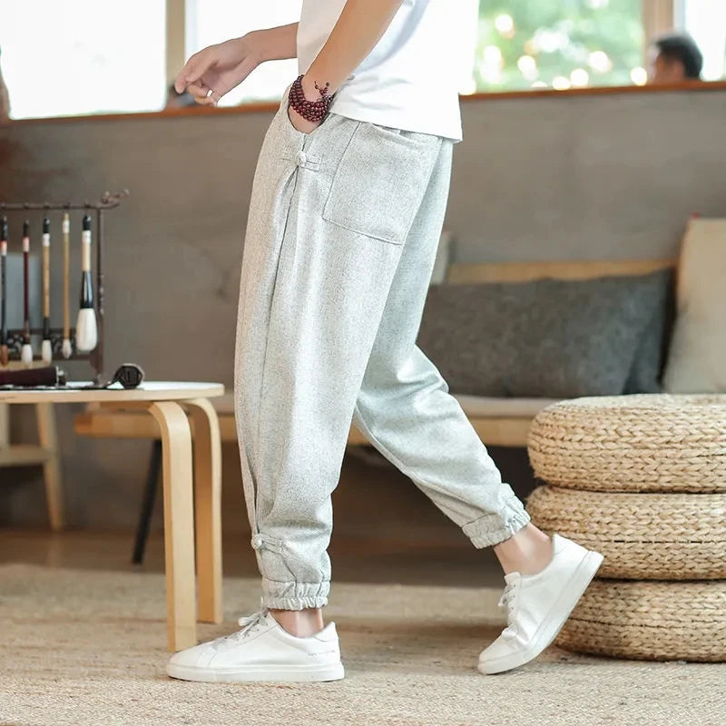 Chinese Style Men's Clothing Casual Pants Male Cotton Linen Lantern Trousers Streetwear Spring Summer Harem Pantalones New