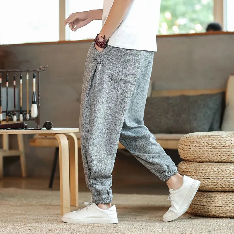 Chinese Style Men's Clothing Casual Pants Male Cotton Linen Lantern Trousers Streetwear Spring Summer Harem Pantalones New