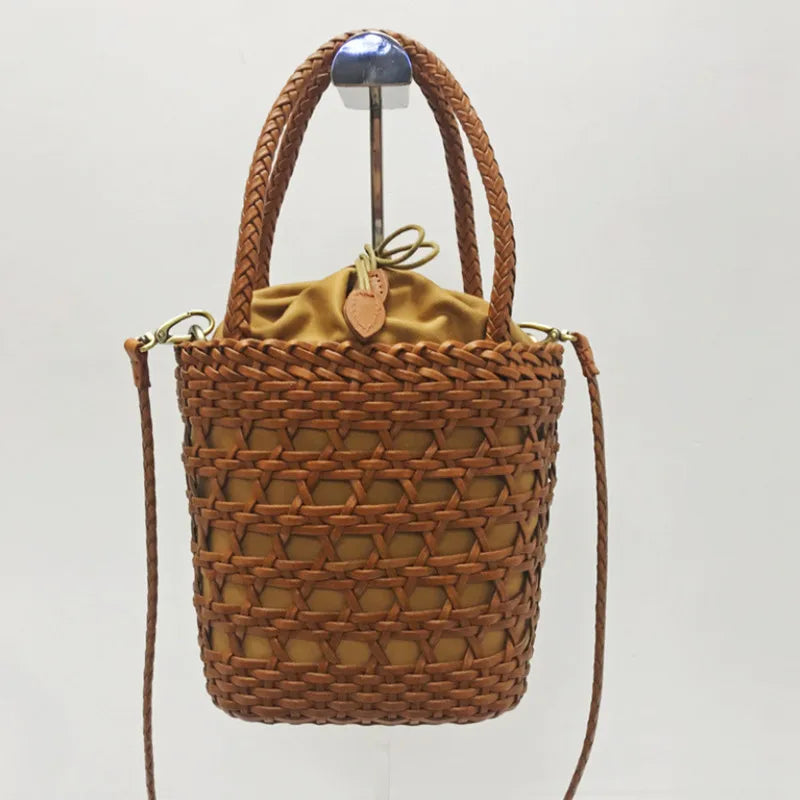 Women's bag new 2025 messenger shoulder bag Cowhide hollow woven bag summer bucket Casual Inner Fabric Shopping Bag