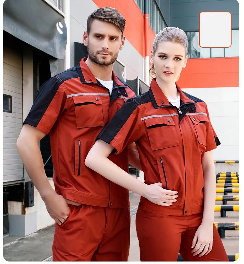 Summer Work Clothing For Men Women Workshop Mechanic Repair Uniform Work Clothes Short-sleeve Coveralls Two Tones Safety Clothes