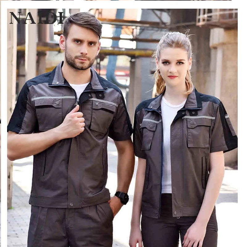 Summer Work Clothing For Men Women Workshop Mechanic Repair Uniform Work Clothes Short-sleeve Coveralls Two Tones Safety Clothes