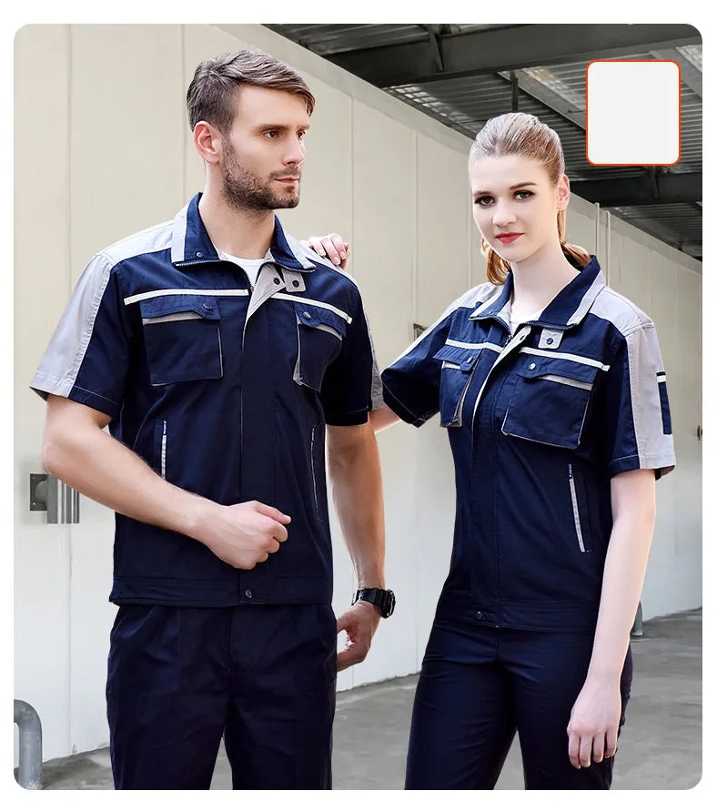 Summer Work Clothing For Men Women Workshop Mechanic Repair Uniform Work Clothes Short-sleeve Coveralls Two Tones Safety Clothes