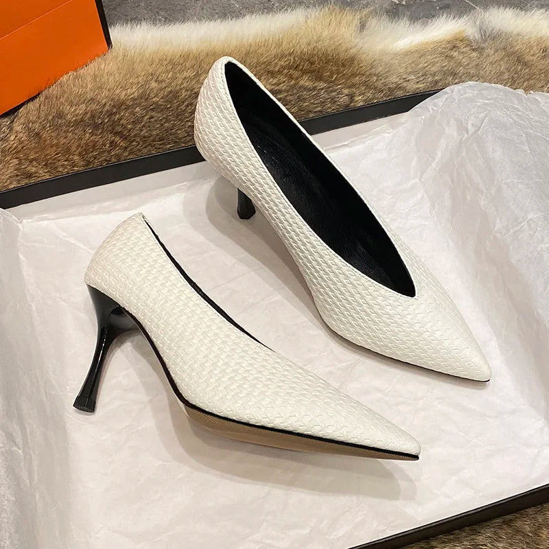 New Spring Autumn Fashion Women High Heels Elegant V Cut Women Printed Ladies Footwear Point Toe Dress Shoes Evening Shoes Lady