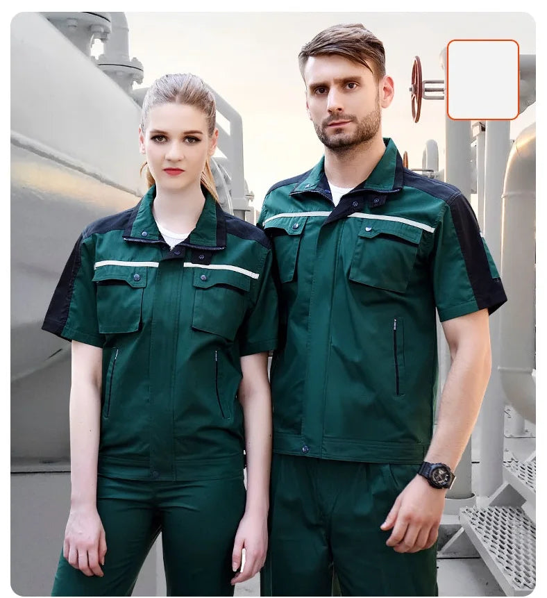 Summer Work Clothing For Men Women Workshop Mechanic Repair Uniform Work Clothes Short-sleeve Coveralls Two Tones Safety Clothes