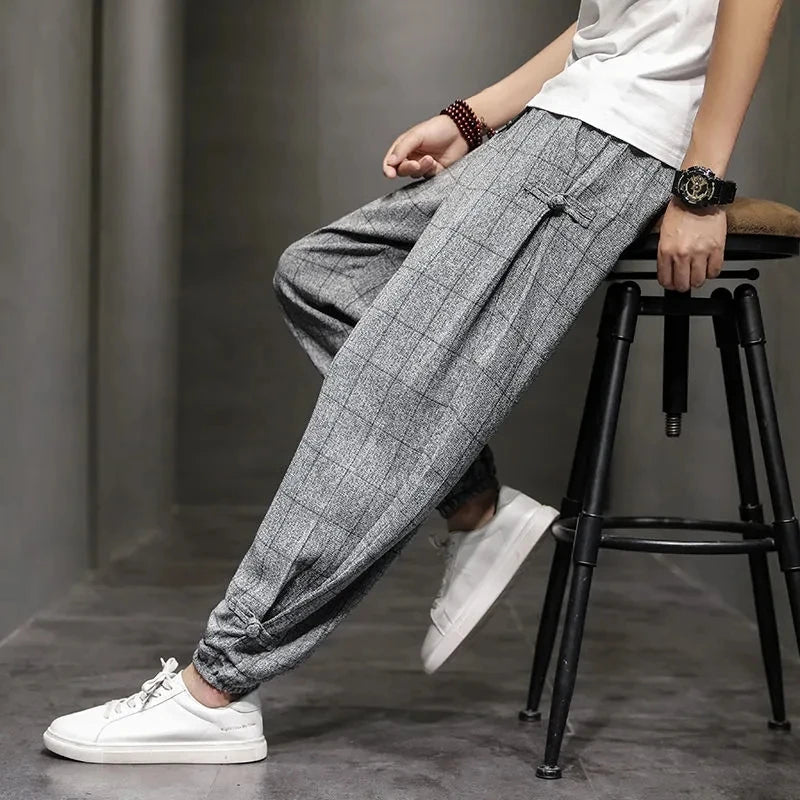Chinese Style Men's Clothing Casual Pants Male Cotton Linen Lantern Trousers Streetwear Spring Summer Harem Pantalones New