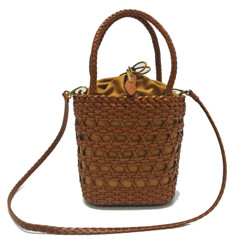 Women's bag new 2025 messenger shoulder bag Cowhide hollow woven bag summer bucket Casual Inner Fabric Shopping Bag