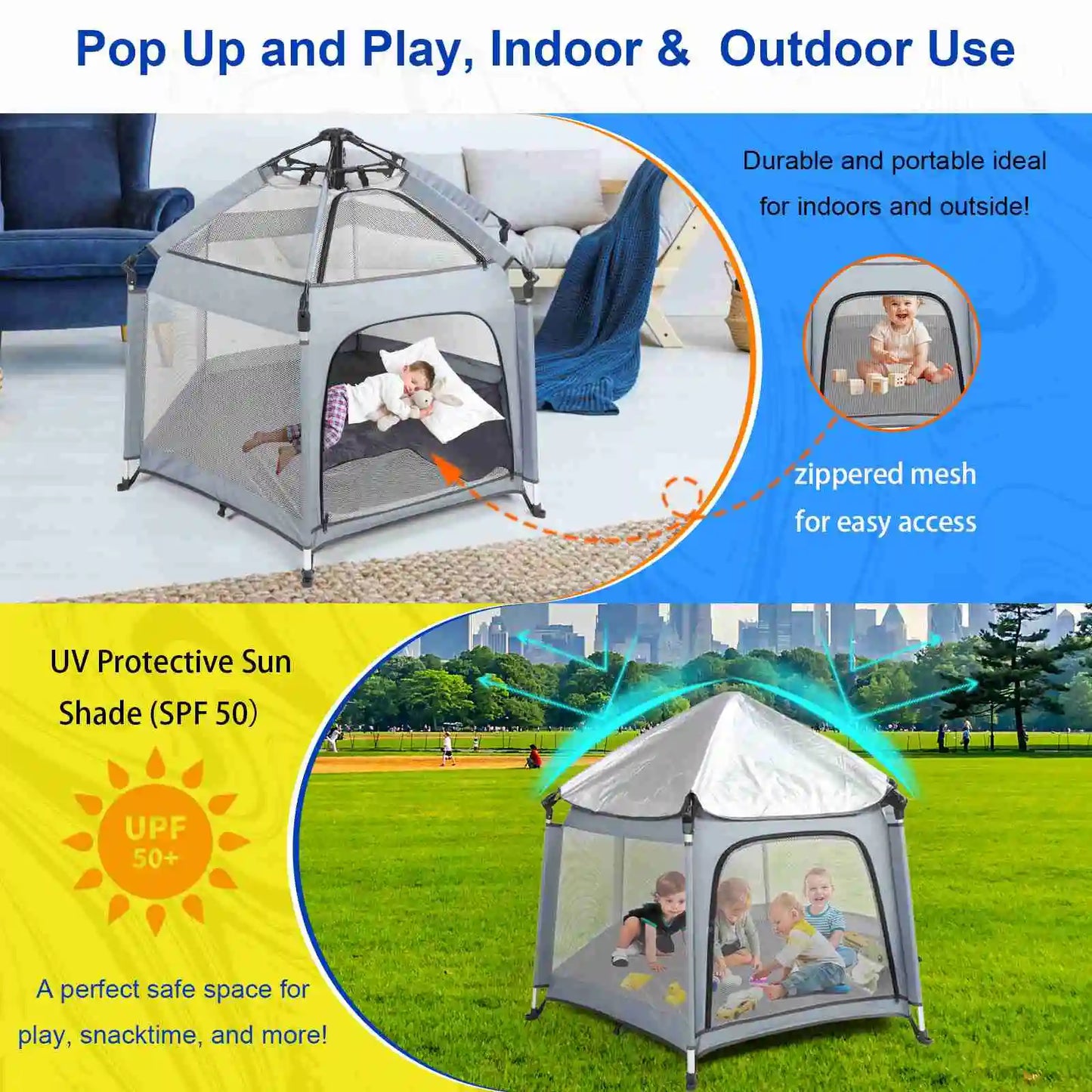 Baby Pop Up Play Tent Sun Protective Oxford Cloth Portable Baby Outdoor Indoor Play Tent Gray