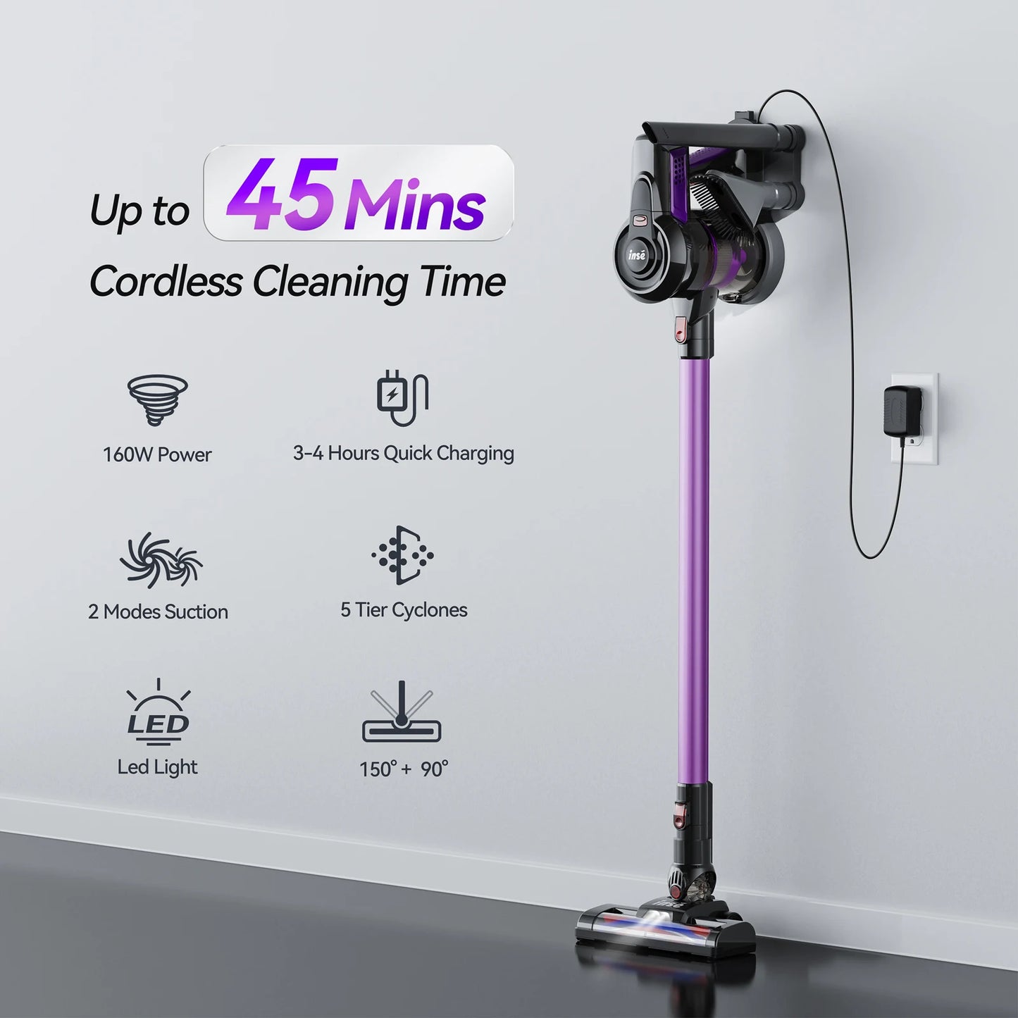 INSE N660 Cordless Vacuum Cleaner,6 in 1 Powerful Stick Handheld Vacuum with 2200mAh Rechargeable Battery,Purple
