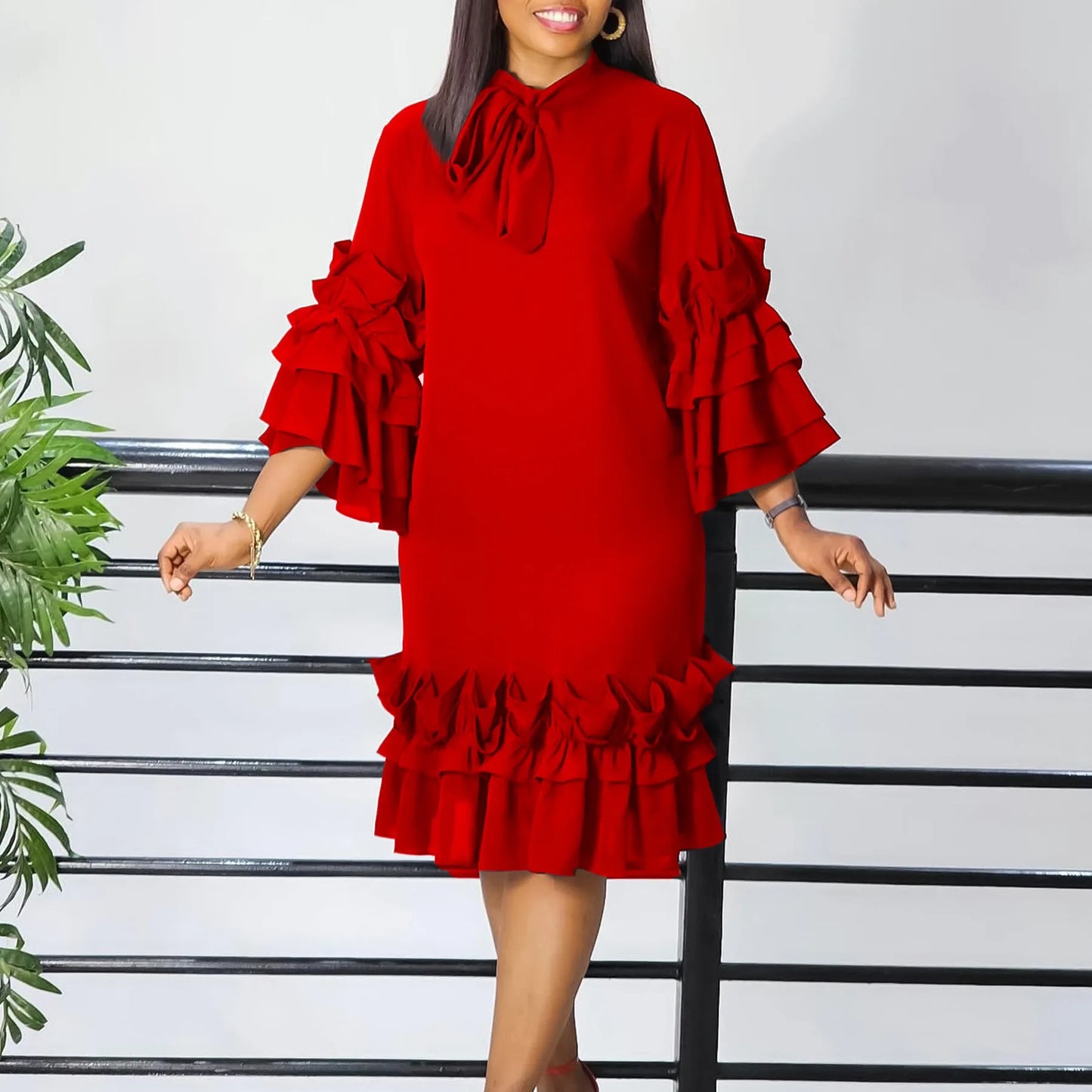 Women Dress Clothing 2024 New Arrivals Bow Collar Flare Sleeve Ruffles Straight Mid Calf Elegant Female Fashion Party Vestidos