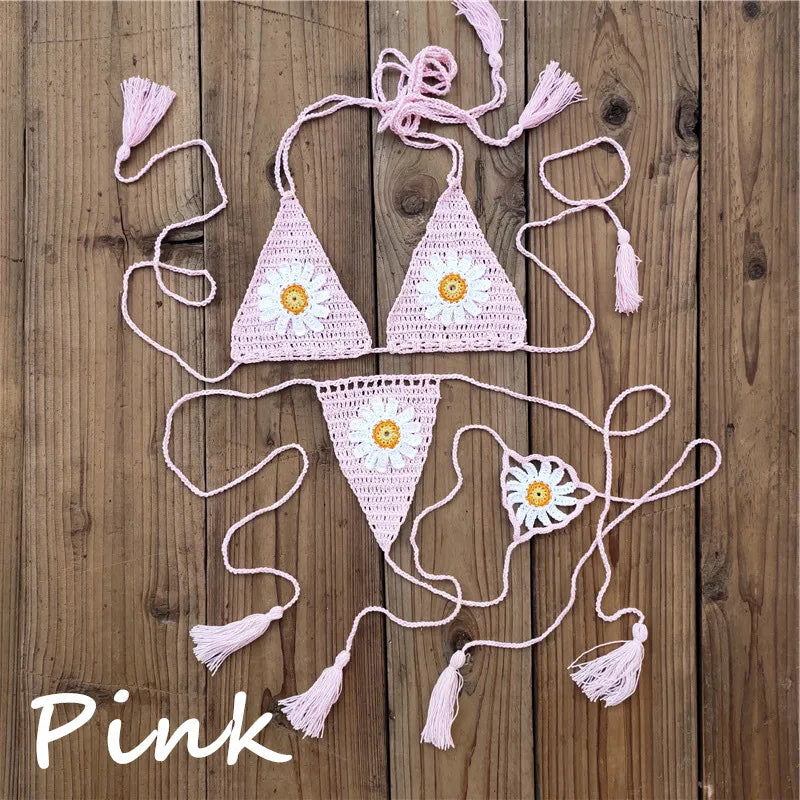 Hand crochet Cottom Thong String Daisy Applique Mini Bikini Swimwear Sunbathing Micro Swimwear