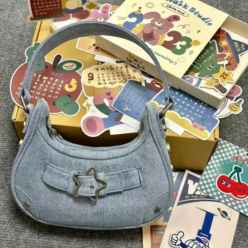 Women's handbag, mobile phone bag, new high-end retro denim shoulder bag.