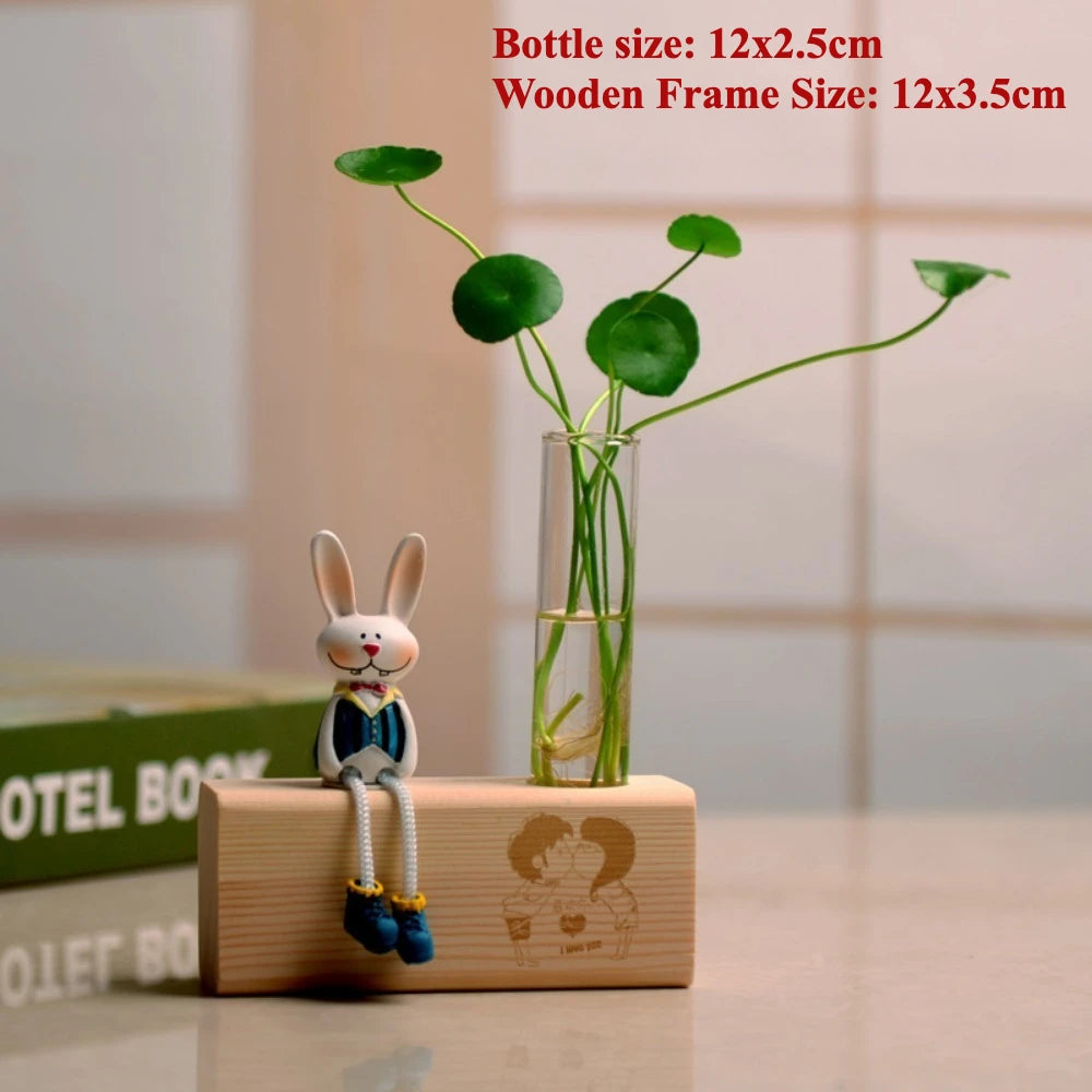 Creative Wooden Frame Hydroponic Flower Small Vase Plant Glass Bottle Container for Home Living Room Office Decoration
