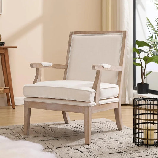 Mid Century Modern Accent Chair Upholstered Living Room Chairs with Armrest Linen Fabric Comfy Lounge Armchair Retro Solid Wood
