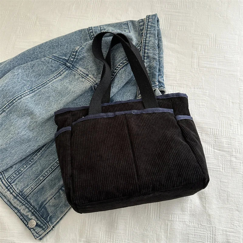 Large Capacity Tote Bags for Women Vintage Corduroy Shoulder Ladies Underarm Bag Casual Shopping Female Handbag with Side Pocket