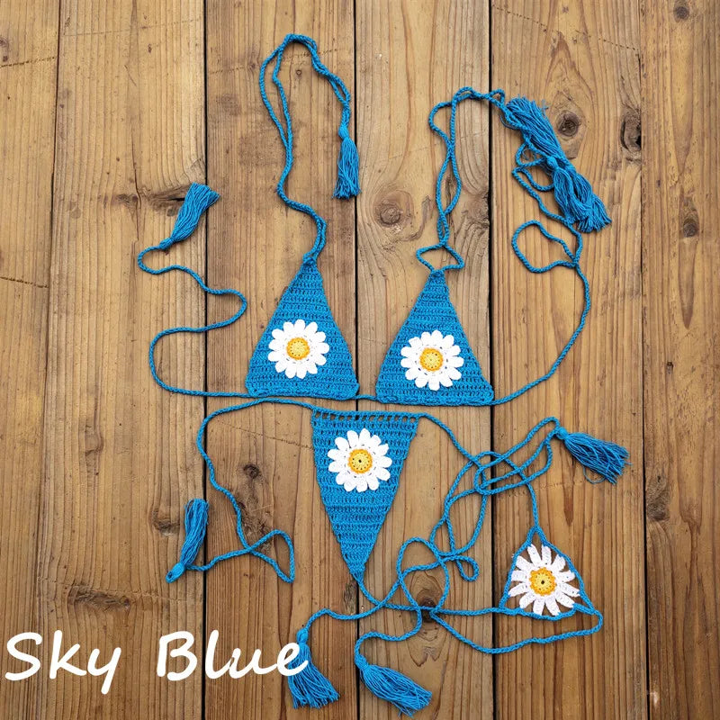 Hand crochet Cottom Thong String Daisy Applique Mini Bikini Swimwear Sunbathing Micro Swimwear