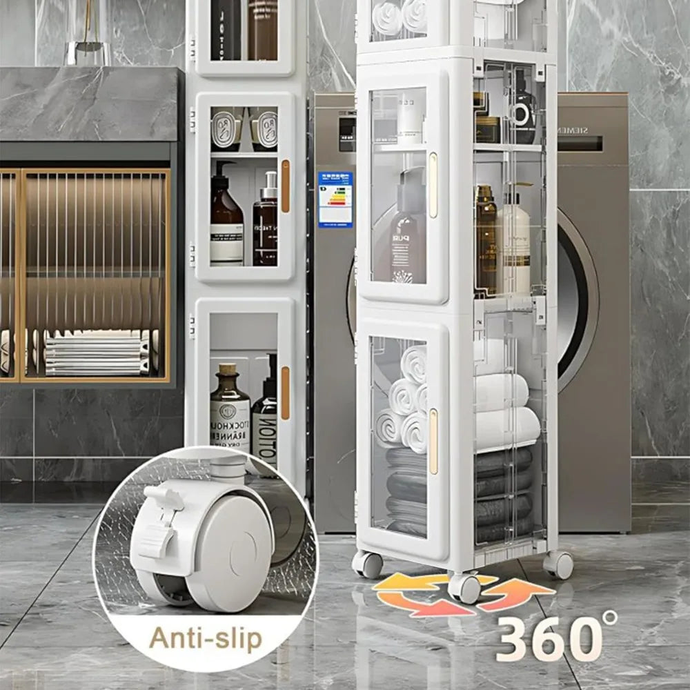 4-Tier Slim Storage Cabinet with Lockable Wheels, Adjustable Shelves for Bathroom, Kitchen, Living Room, Easy Assembly