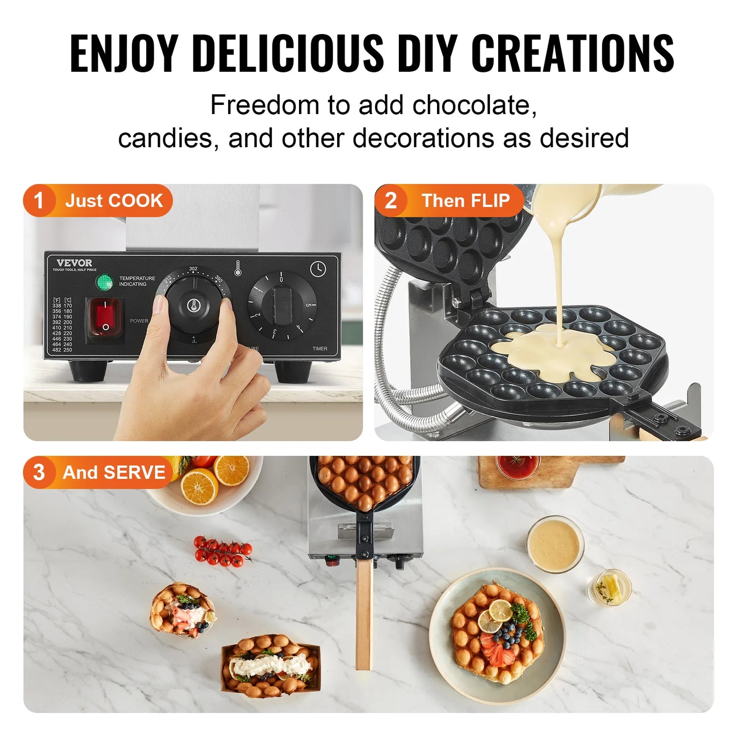 VEVOR Commercial Egg Bubble Waffle Maker 1400W Non-Stick Stainless Steel Bubble Puff w/180° Rotatable 2 Pans & Wooden Handles