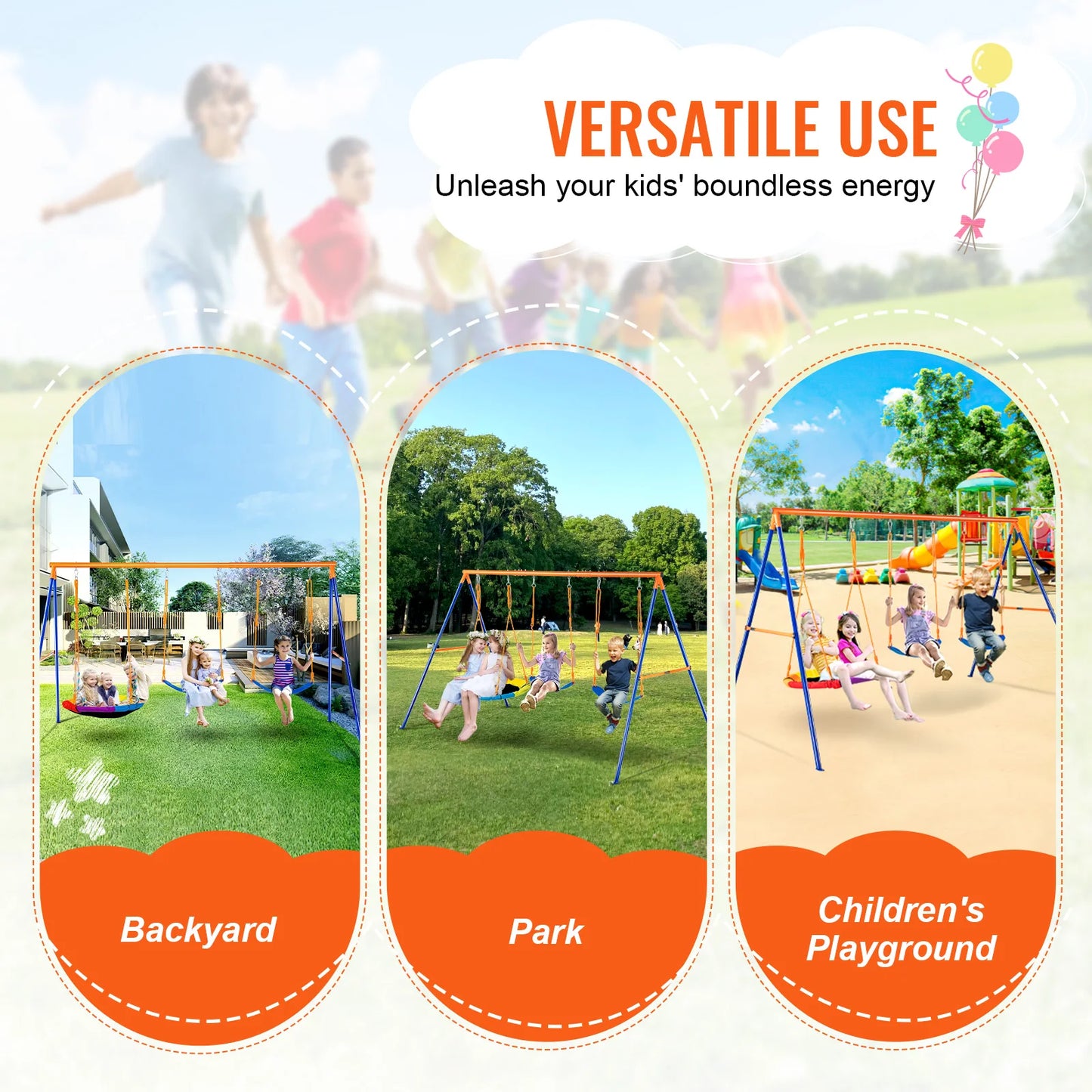 VEVOR Swing Sets for Backyard 600lbs Capacity Swing Set with 1 Saucer Swing Seat 2 Belt Swing Seats Swingset Outdoor for Kids