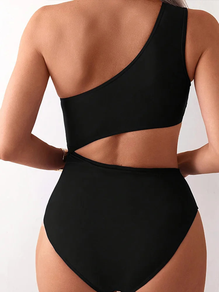 Sexy Solid One Shoulder Bikinis 2 Piece Set Women Split Swimsuit High Waist Beach Bikinis 2025 New Summer Swimwear Bikinis Set