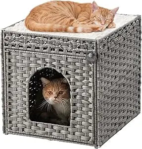 Cat Beds for Indoor Cats Extra Large Double Cat Cave Pet Cube, Handwoven Rattan Cat Houses with Double-Sided Soft Cushions, 18.5