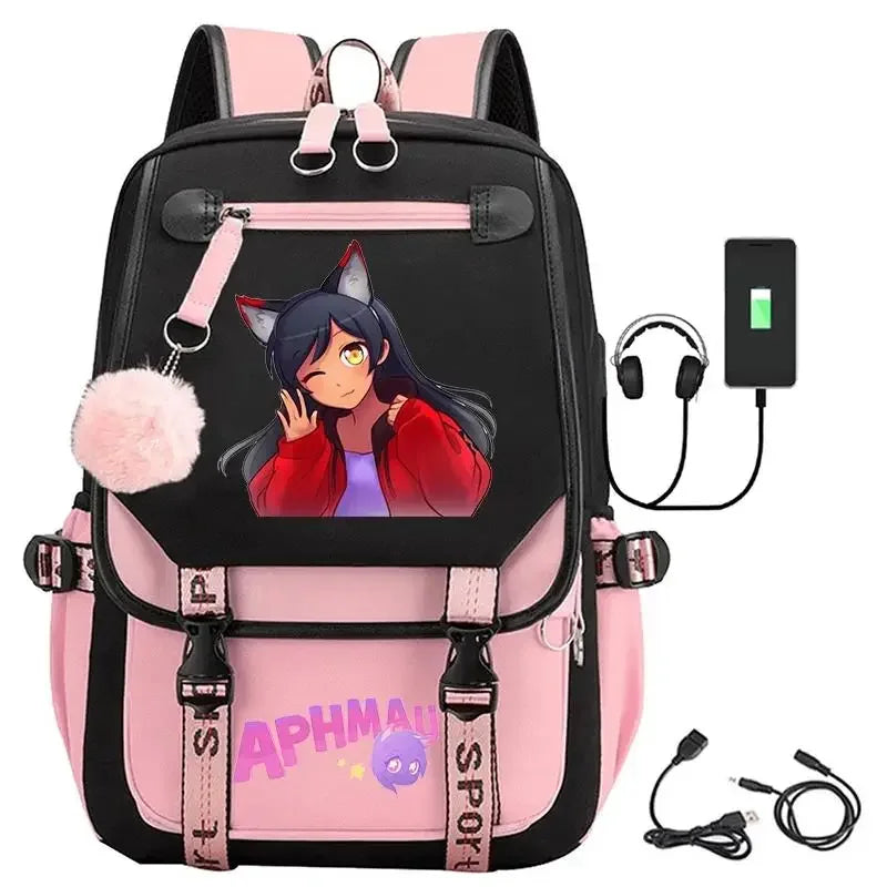 Aphmau print backpacks fashion USB charging school bags for teenage girls laptop bag cartoon bookbag students rucksack