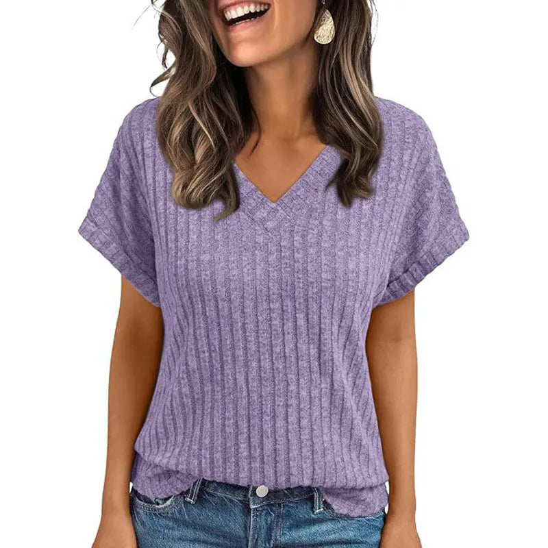 Women's Clothing Europe America All-match Knit T-shirt Summer 2025 New Casual Loose V-neck Short Sleeve Pullover Lady Solid Tops