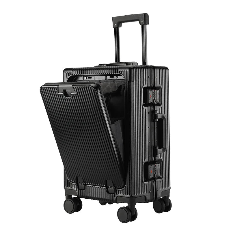 New Travel Luggage Multifunctional Aluminum Frame Trolley Suitcase with USB Cup Holder Large Capacity Bag Boarding Box Suitcase