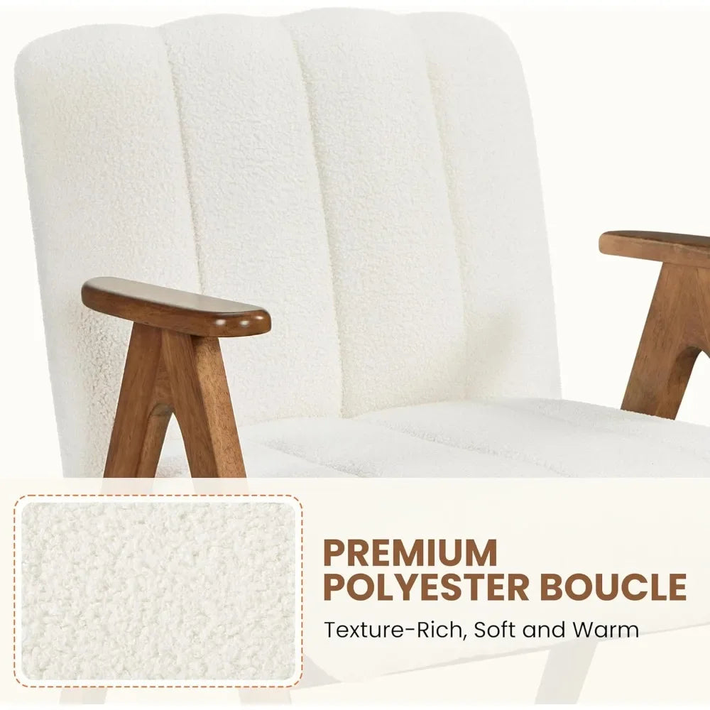 Boucle Fabric Mid Century Accent Chair Set of 2, Modern Upholstered Living Room Chairs with Solid Wood Legs