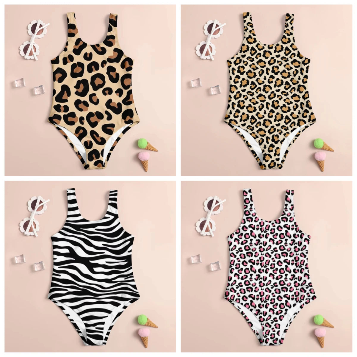 2025 Girls Summer One-Piece Swimwear Fashion Baby Cartoon Cute Leopard Print 3D Printed Women Swimwear Sling Sleeveless Swimwear