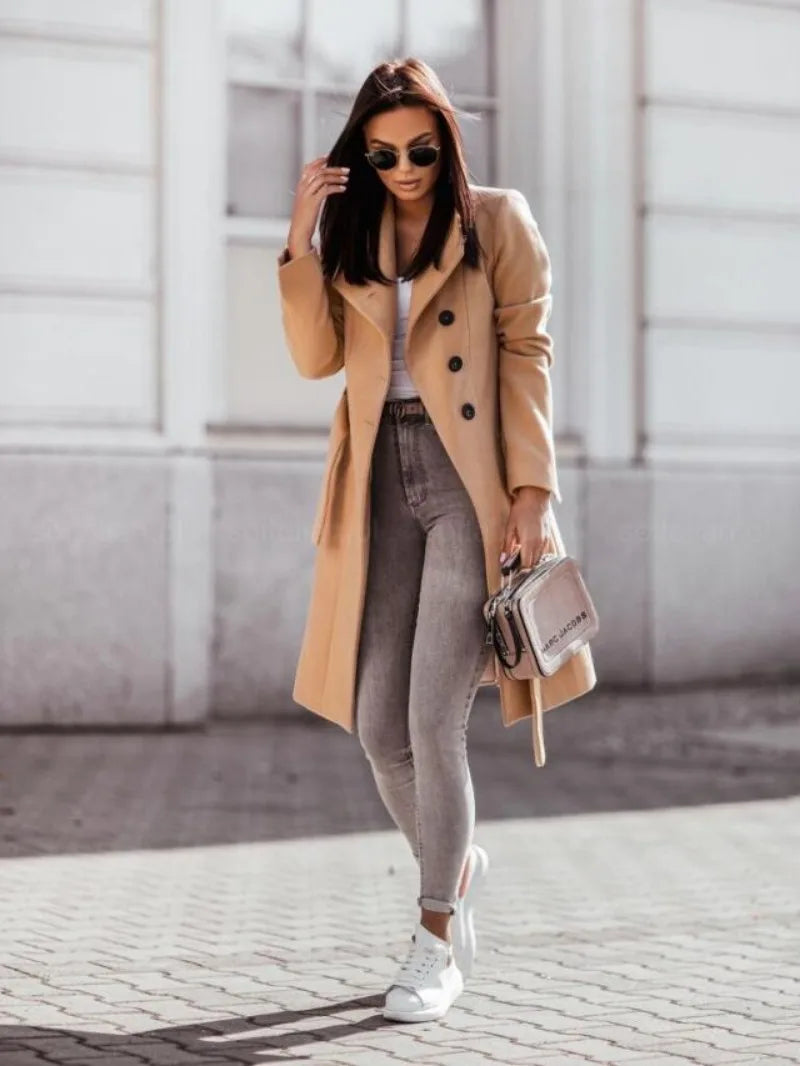 Women's Clothing Autumn and Winter New Fashion Commuter Solid Color Double-breasted Woolen Jacket