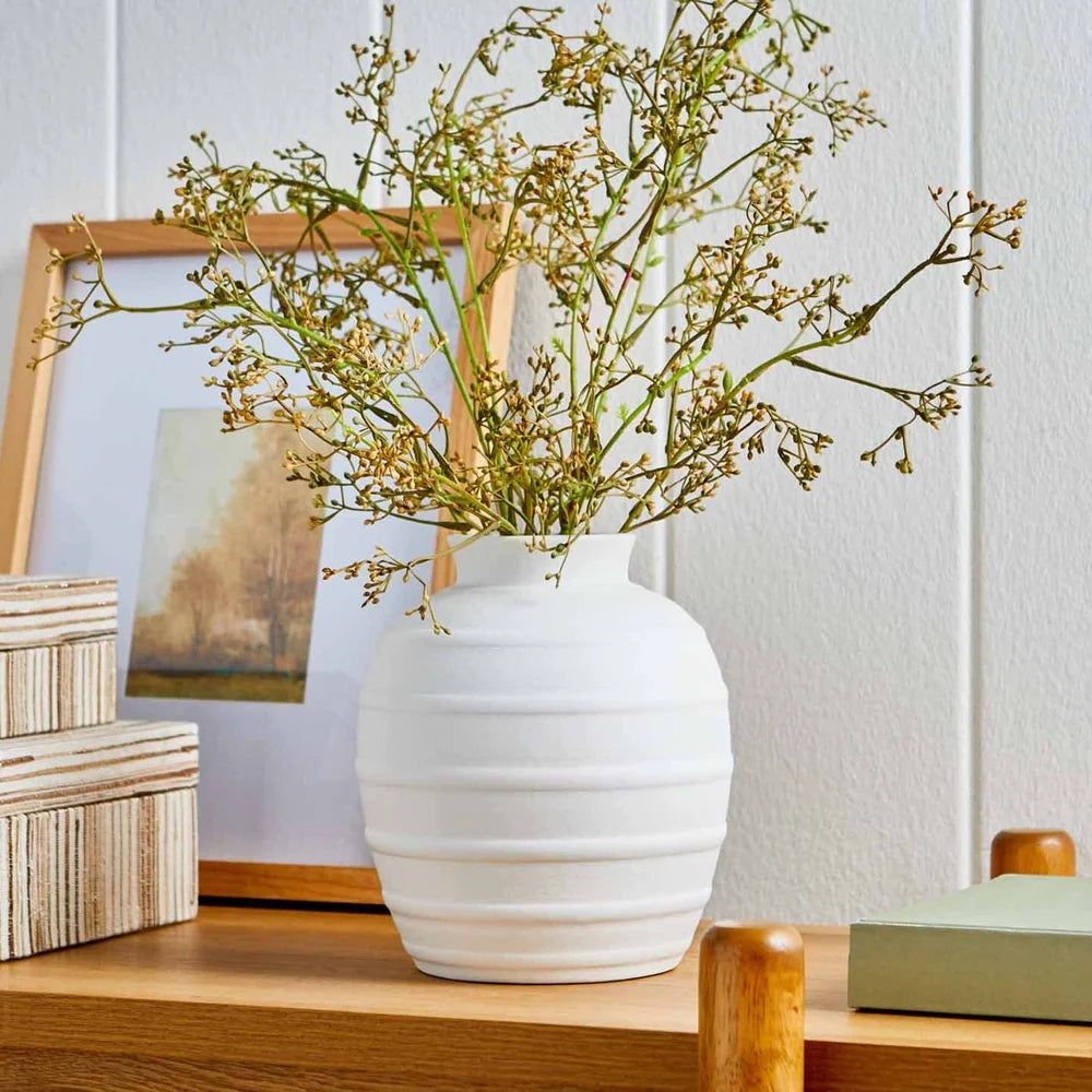Textured Ribbed Ceramic Flower Vase 8 Inch Indoor Decor Rustic Home Accent Wide Opening Floral Displays