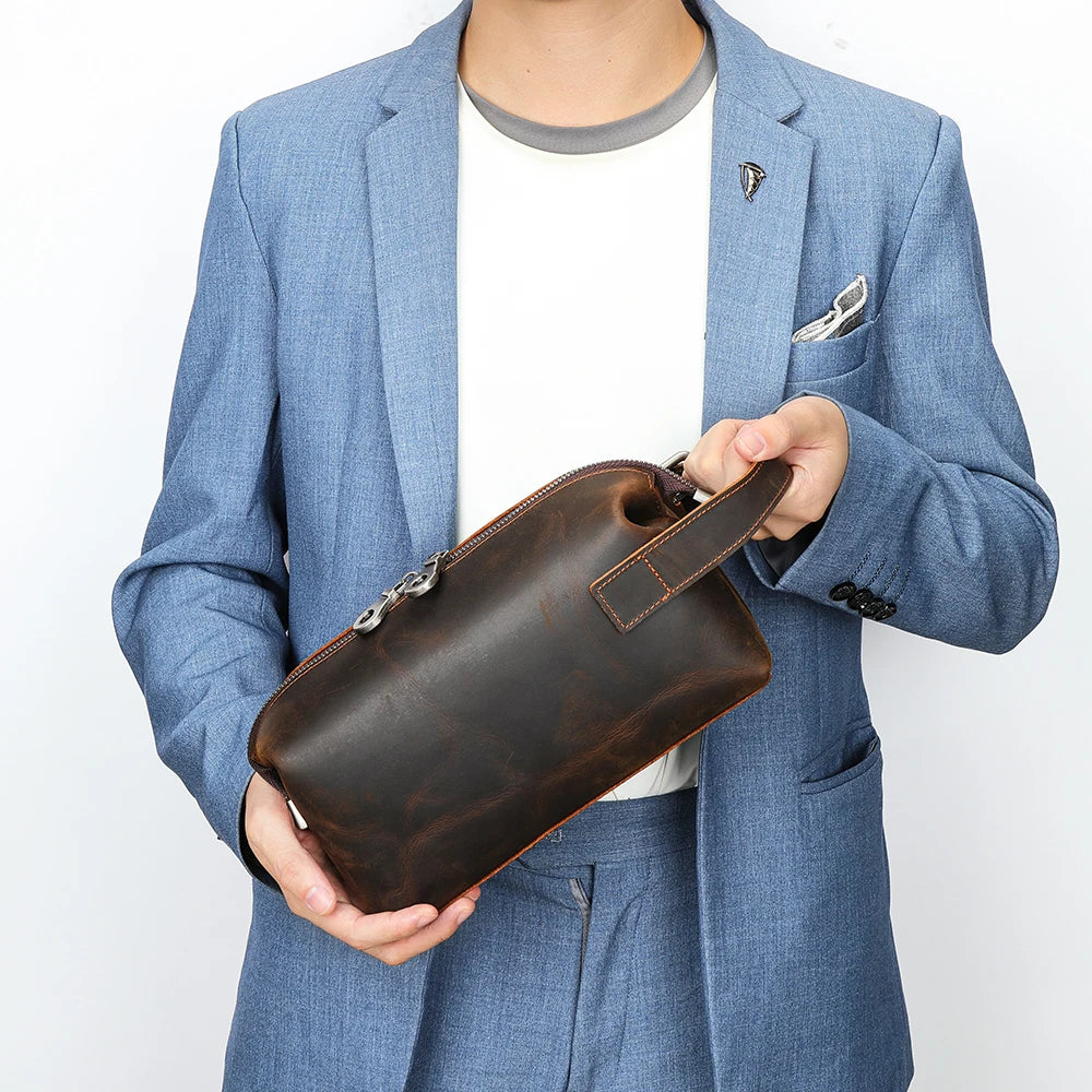 WESTAL Crazy Horse Leather Men's Clucth Bags with Handles, Large Capacity Wrister, Zipper Phone Pouch Men Leather Bags 3022