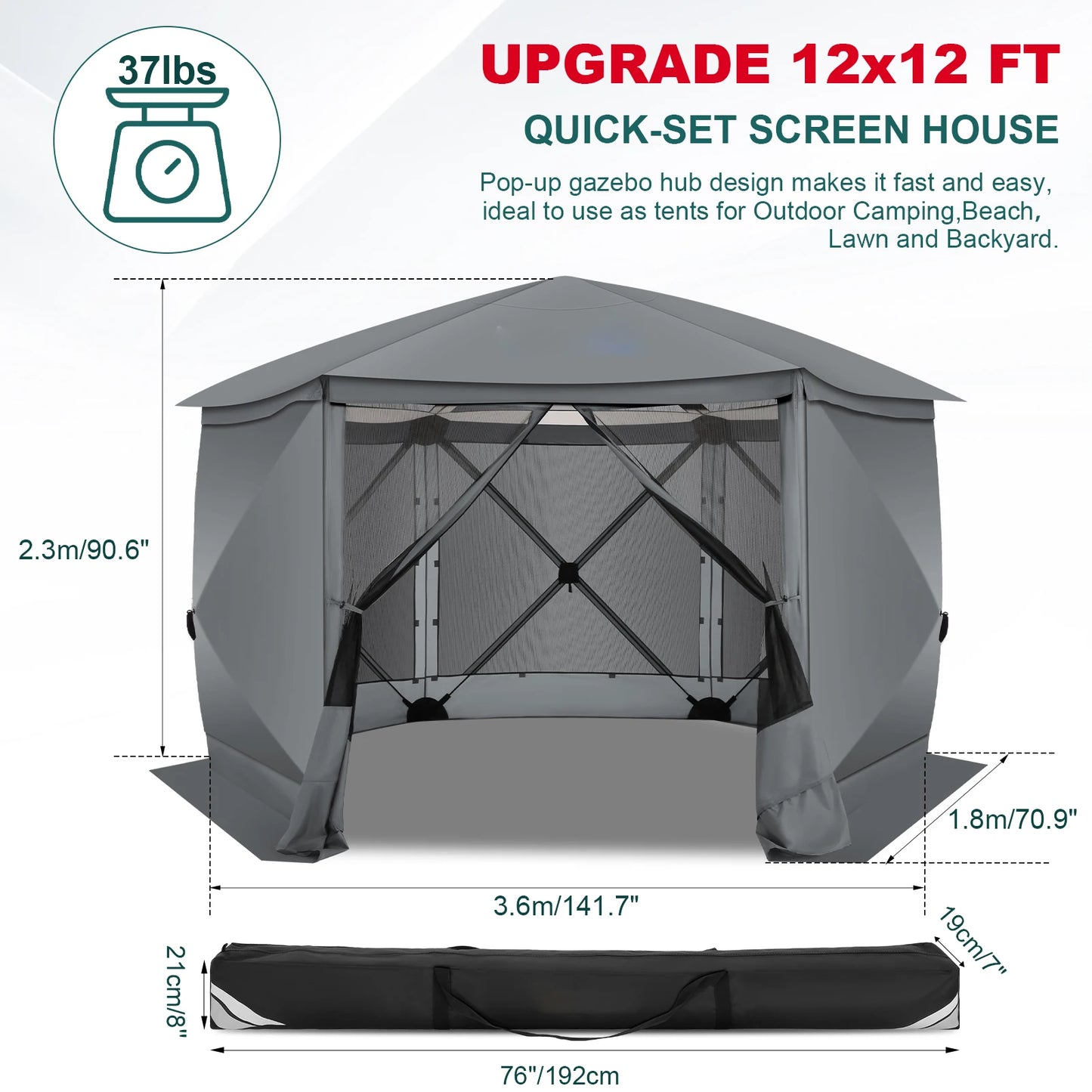 Pop up Gazebo Screen Tent Screen House for Camping,12x12FT Screen Room with Removable Roof,Outdoor Screened Gazebo Hub Tent