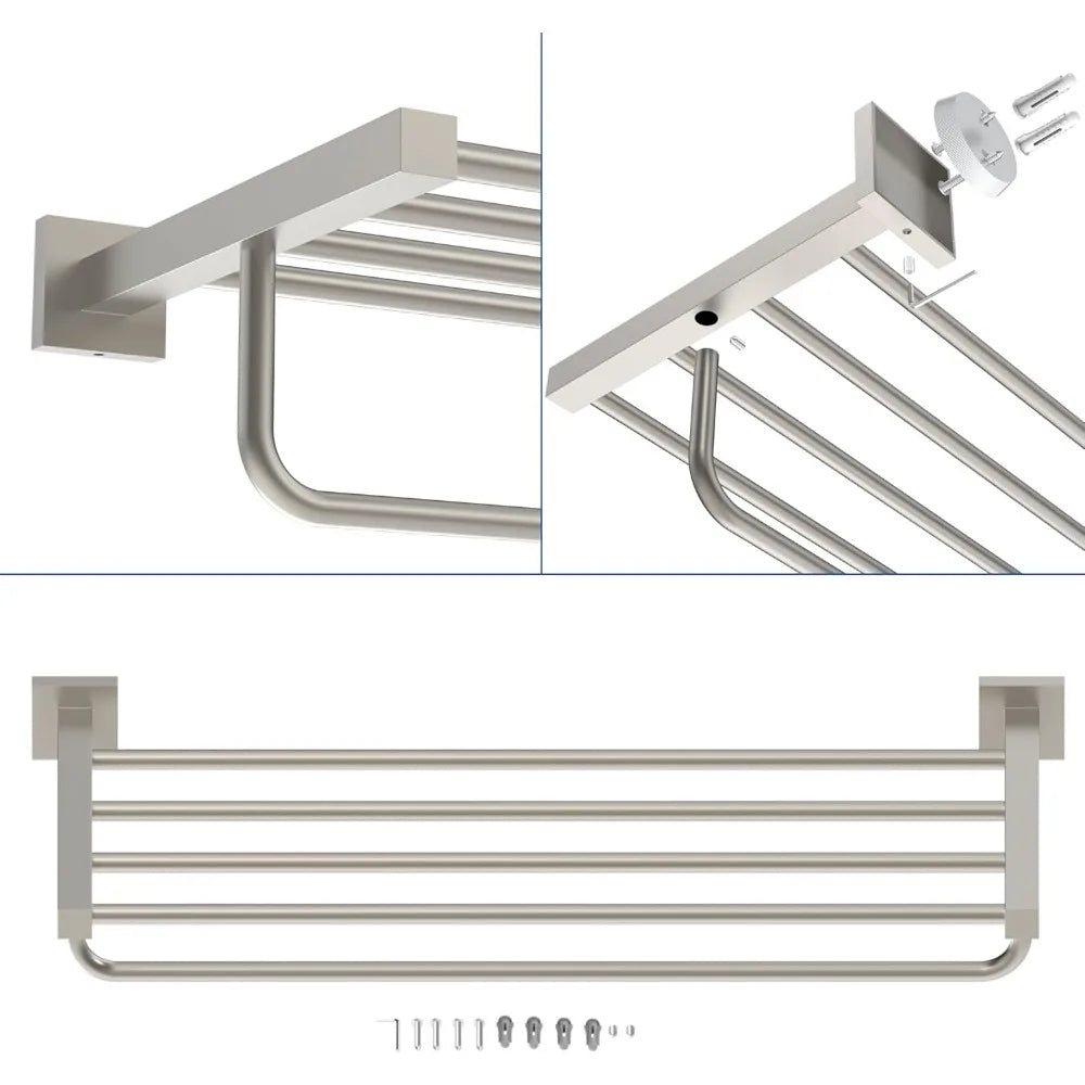 24 Inch Stainless Steel Square Base Towel Rack with Towel Bar, Wall Mounted Bathroom Shelf for Modern Home Decor