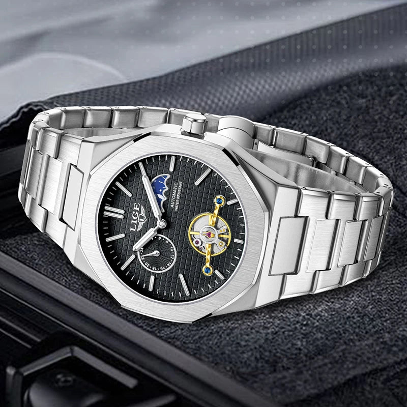 LIGE New Automatic Watches For Men Outdoor Sports Waterproof 24 Hours Moon Phase Watch Men Luxury Men's Mechanical Wristwatch