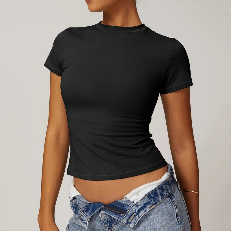 Women Yoga Clothes Short Sleeve T Shirt Gym Workout Crop Top Tight Soft Blouse Plus Size Quick Drying Running Casual Sportswear