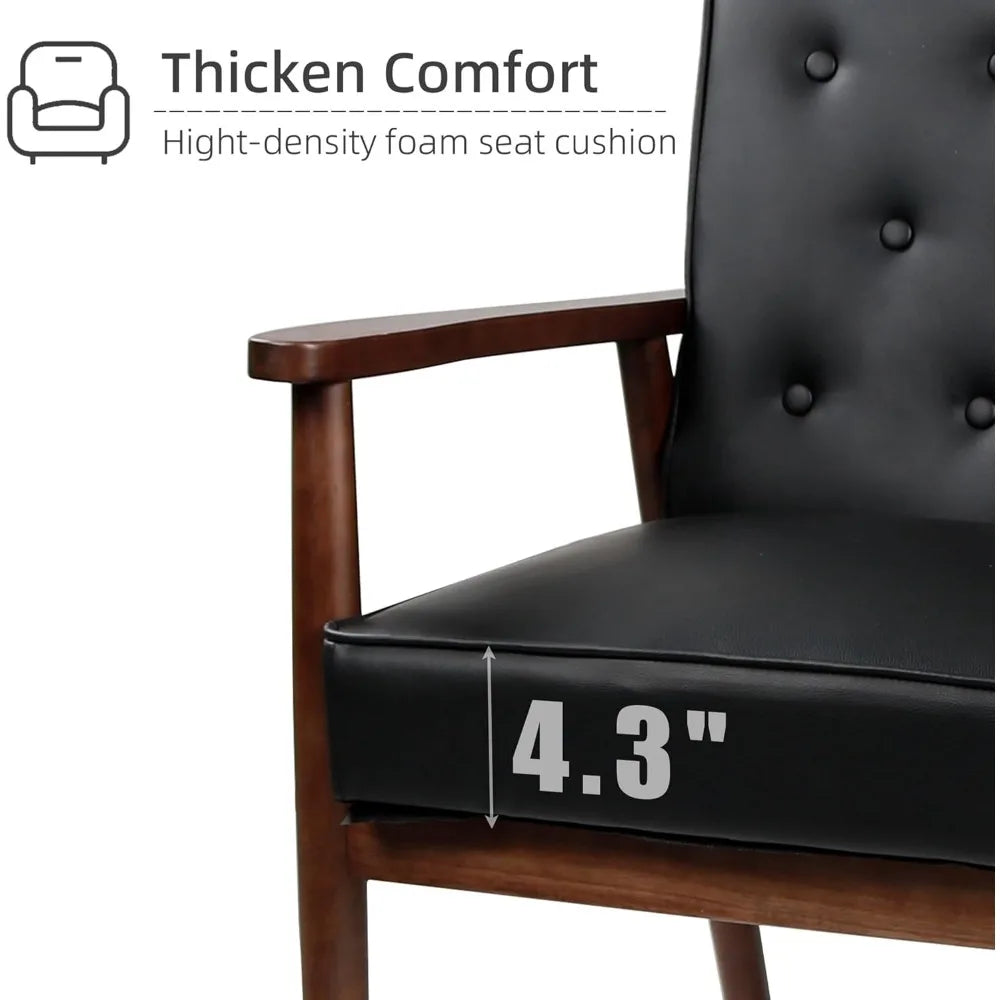 Mid Century Modern Chair, PU Leather Accent Chair Set of 2 with Wood Arms, Living Room Chairs, Reading Armchair for Bedroom, Wa