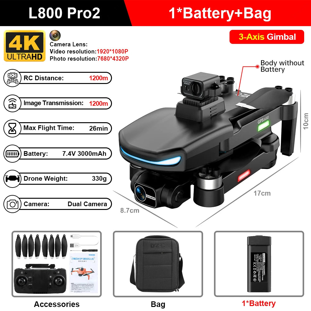 L800 PRO 2 MAX FPV Dual HD Camera Drones GPS 4K HD Dual camera 360° Laser obstacle avoidanceWith Brushless Motor RC Quadcopter