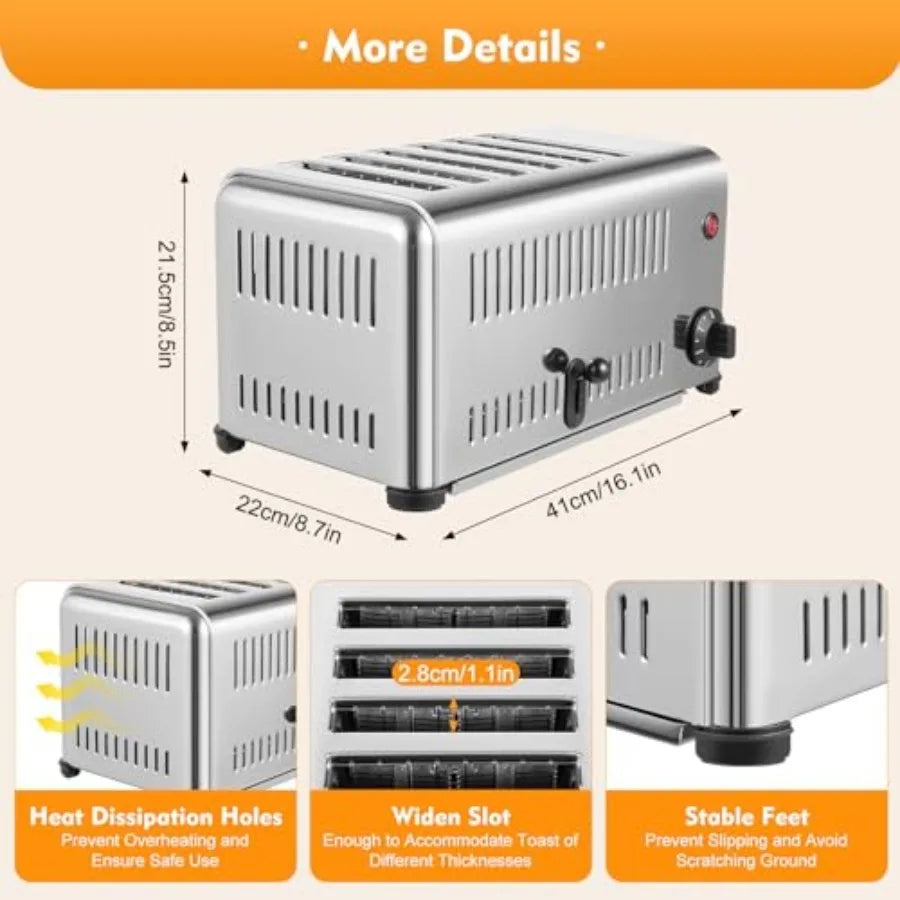 6-Slice Commercial Stainless Steel Bread Toaster with 5 Adjustable Shade Settings 1680W High-Power Baking Machine Featuring Bui