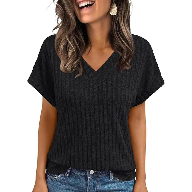 Women's Clothing Europe America All-match Knit T-shirt Summer 2025 New Casual Loose V-neck Short Sleeve Pullover Lady Solid Tops