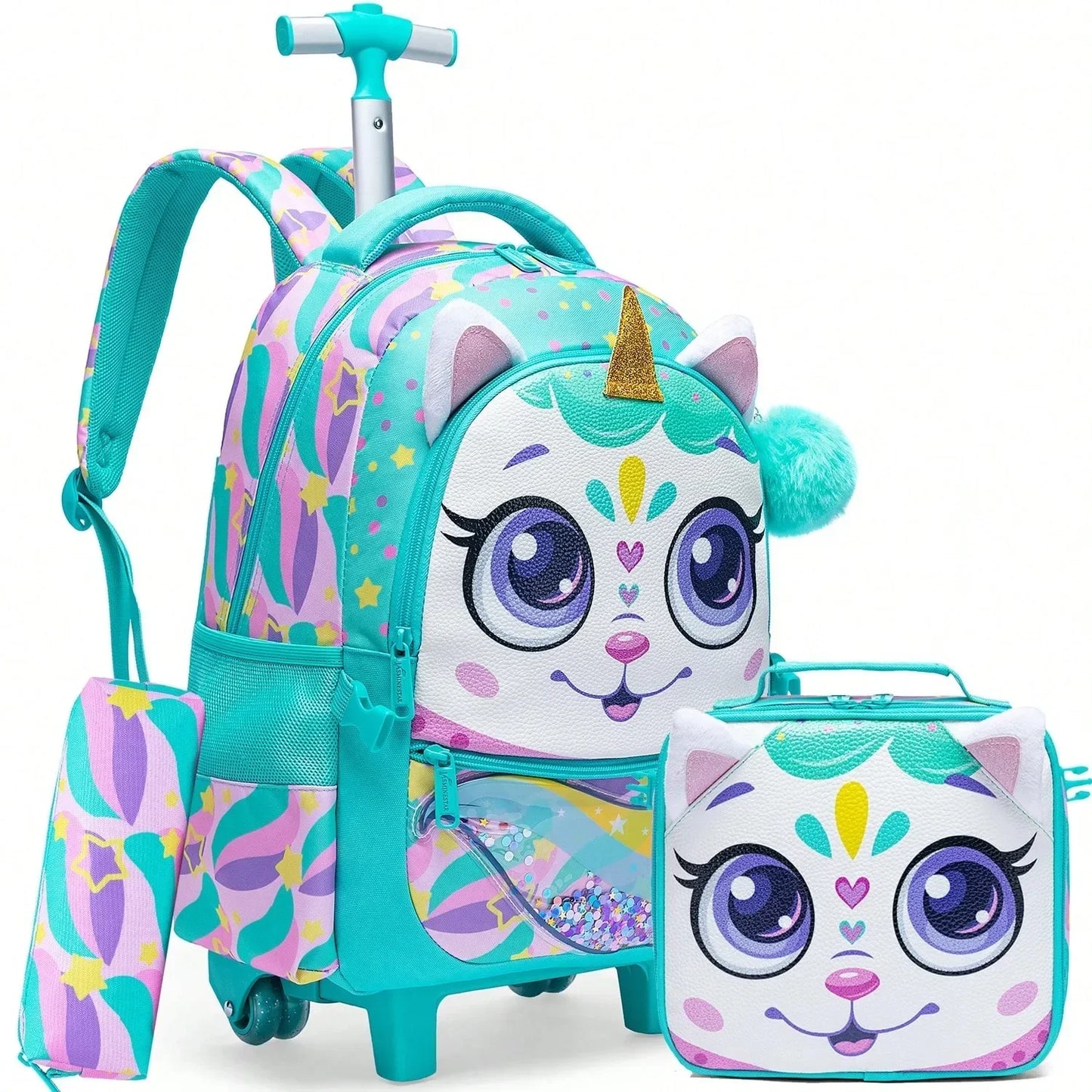 Kids Rolling Backpack with Wheels Durable School Travel Luggage for Girl Lightweight Carry-On Trolley Bag with Adjustable Handle